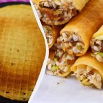 Tubos de gofre crujientes con leche condensada, nata y frutos